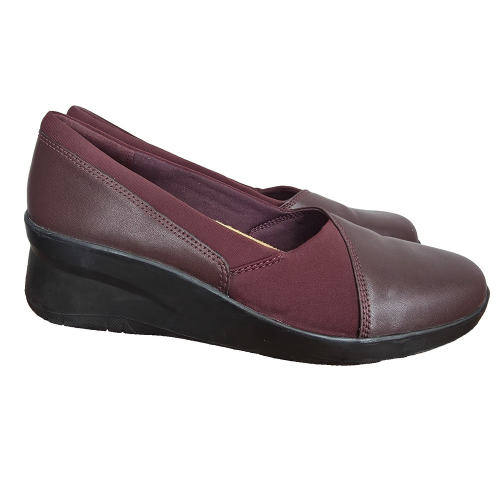 Clarks Suttyn Wedge Shoes Womens 9.5‎ M Suttyn Burgundy Leather Slip On Comfort